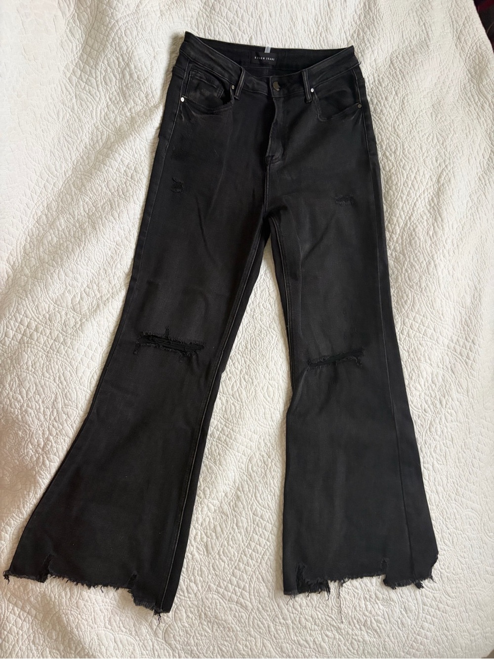Risen Black Distressed Flare Jeans with Raw Hem